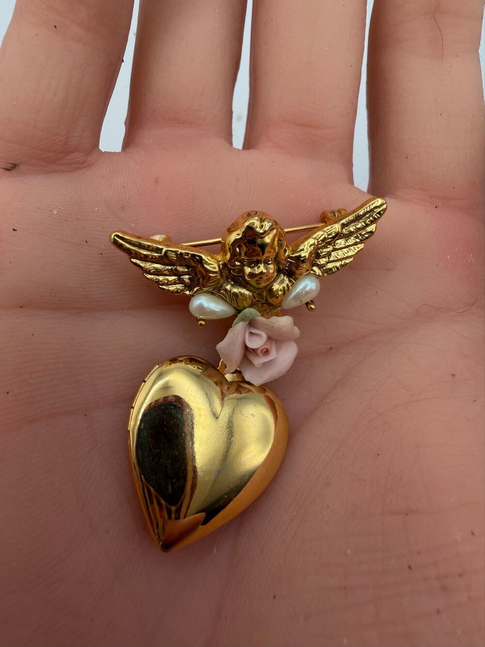 1928 Jewelry cherub angel brooch porcelain rose and a dangling heart locket